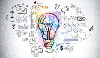 Big lightbulb drawing with circuit of network connection, graphs and financial analysis. Icons of communication and business process. Concept of new ideas and creativity