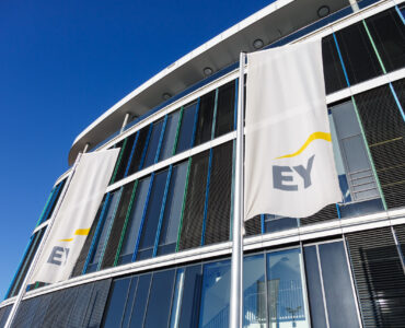 Stuttgart, Germany - December 19, 2020: Ernst & Young EY headquarter HQ Skyloop building at Stuttgart airport in Germany.