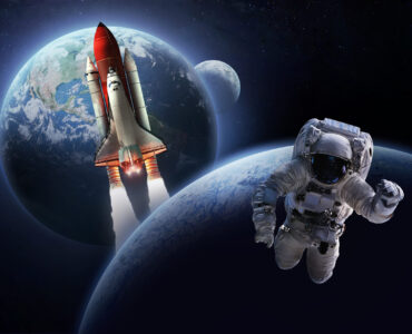 Astronaut in the space over the planet Earth. Shuttle, rocket and Moon on background. Sci-fi wallpaper. Spaceman. Elements of this image furnished by NASA