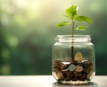 Plant in a clear jar filled with coins Saving income Returns from investing money from stocks or funds