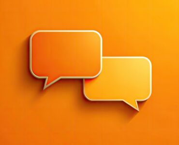 A lively orange backdrop featuring two speech bubbles, representing dialogue and messaging ideas in communication design. Ideal for visual storytelling and engaging discussions.