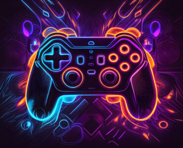 abstract neon video game controller or joystick for cyber gaming. generative AI