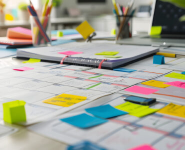 Top view on messy office desk with laptop, coffee and post it notes all around.