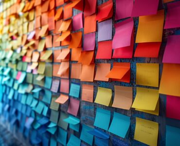 A vibrant wall covered with colorful sticky notes, representing creativity and brainstorming in a modern office environment.