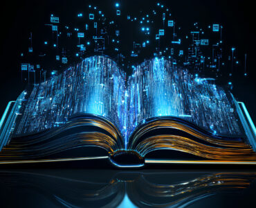 A glowing open book with digital data emerging, symbolizing knowledge and technology.